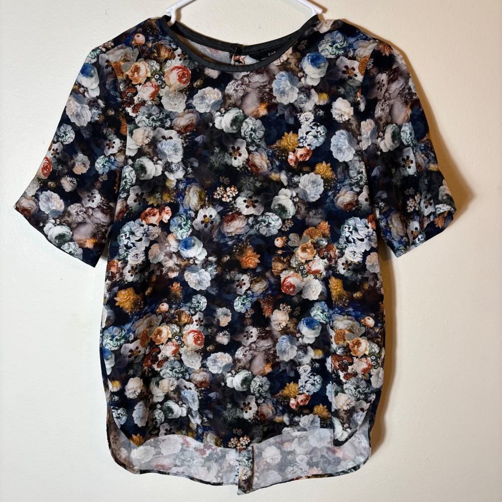 Zara Woman Floral Print Short Sleeve‎ Top Blouse Size XS